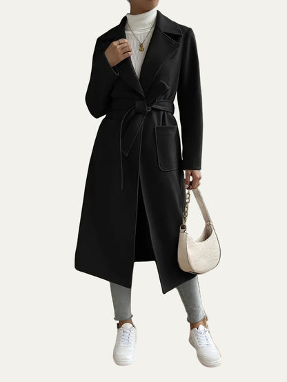 Women’s Belted Long Overcoat – Minimalist Lapel Design for Fall & Winter 0