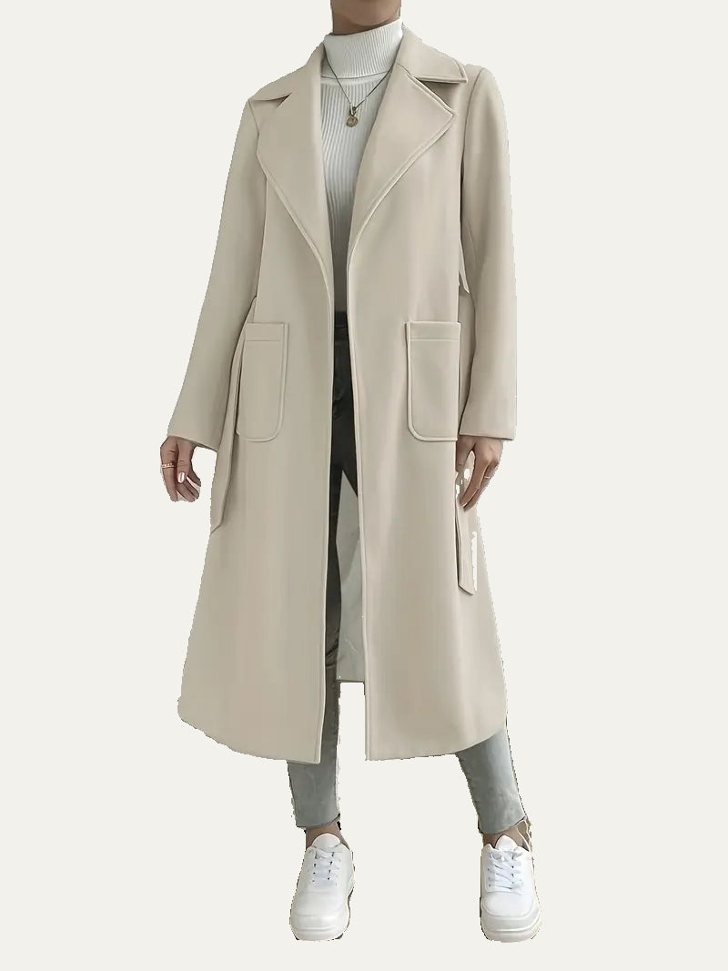 Women’s Belted Long Overcoat – Minimalist Lapel Design for Fall & Winter 2