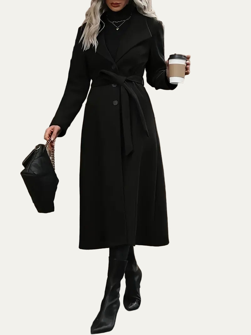 Women’s Black Belted Long Trench Coat – Elegant Tailored Fit for Autumn & Winter 2