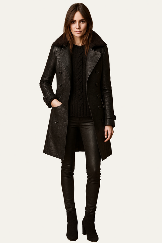 Women’s Black Faux Leather Trenchcoat – Belted, Double-Breasted 0