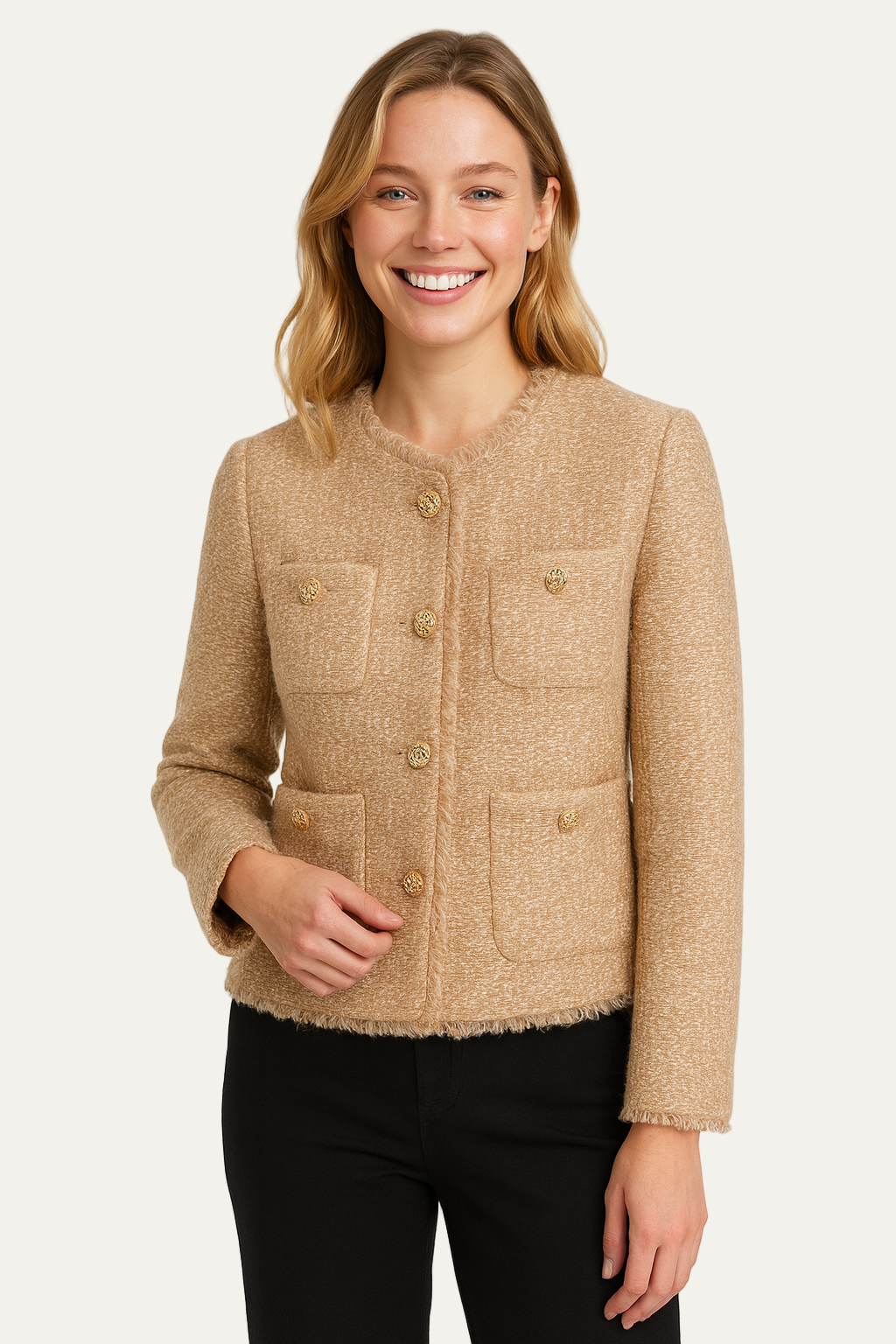 Women’s Blazer Jacket – Collarless, Gold Buttons, Four Pockets 1