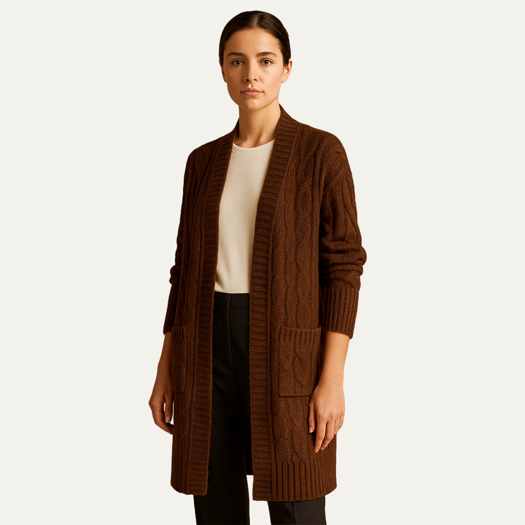 Women’s Cable Knit Long Cardigan – Open Front Design with Pockets 2