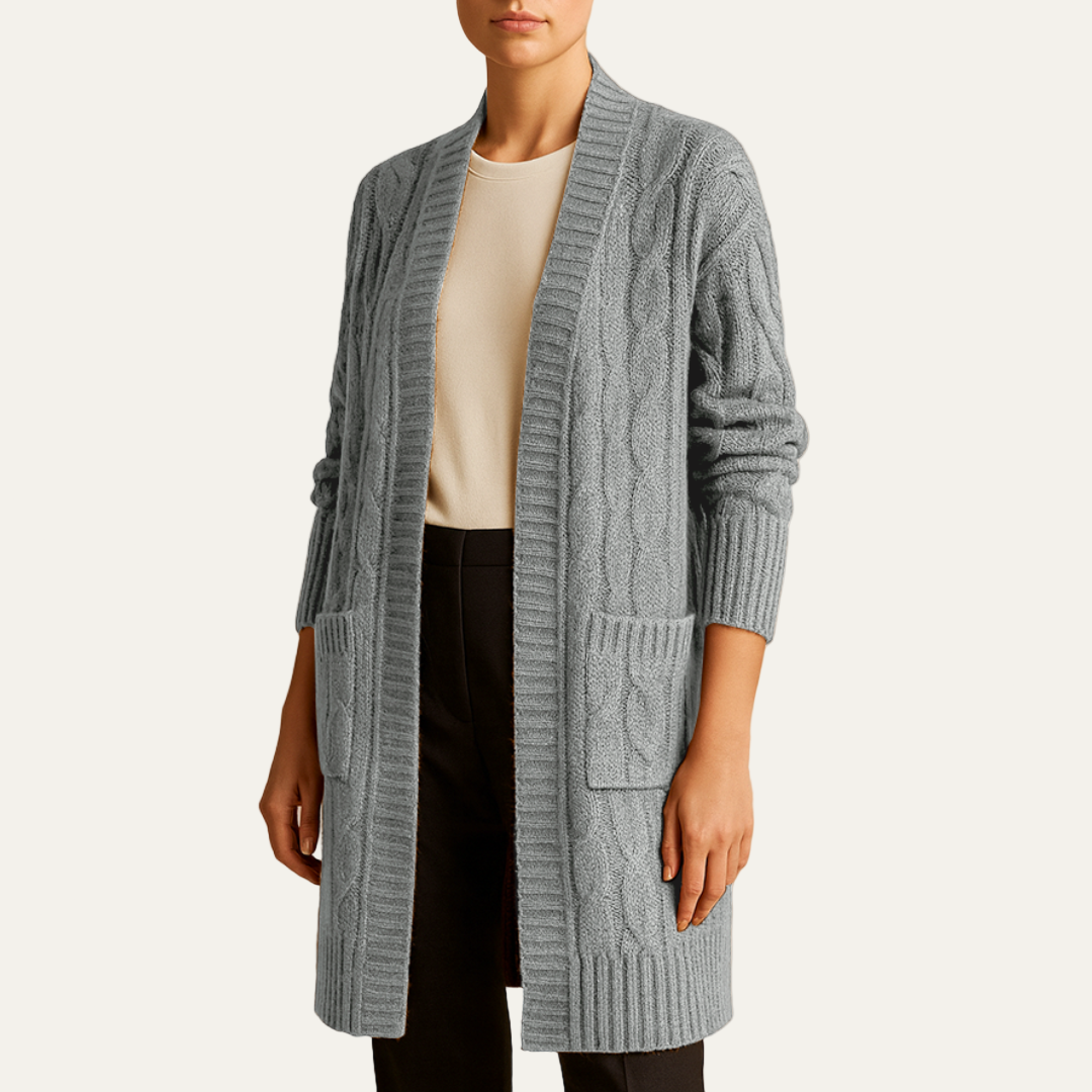 Women’s Cable Knit Long Cardigan – Open Front Design with Pockets 4