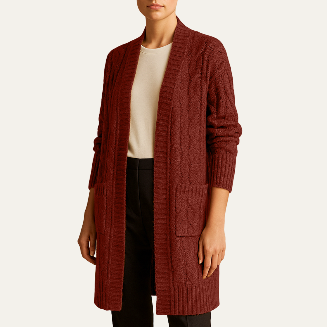 Women’s Cable Knit Long Cardigan – Open Front Design with Pockets 5