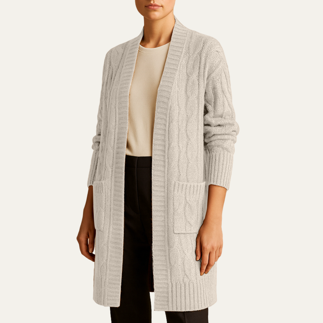 Women’s Cable Knit Long Cardigan – Open Front Design with Pockets 6
