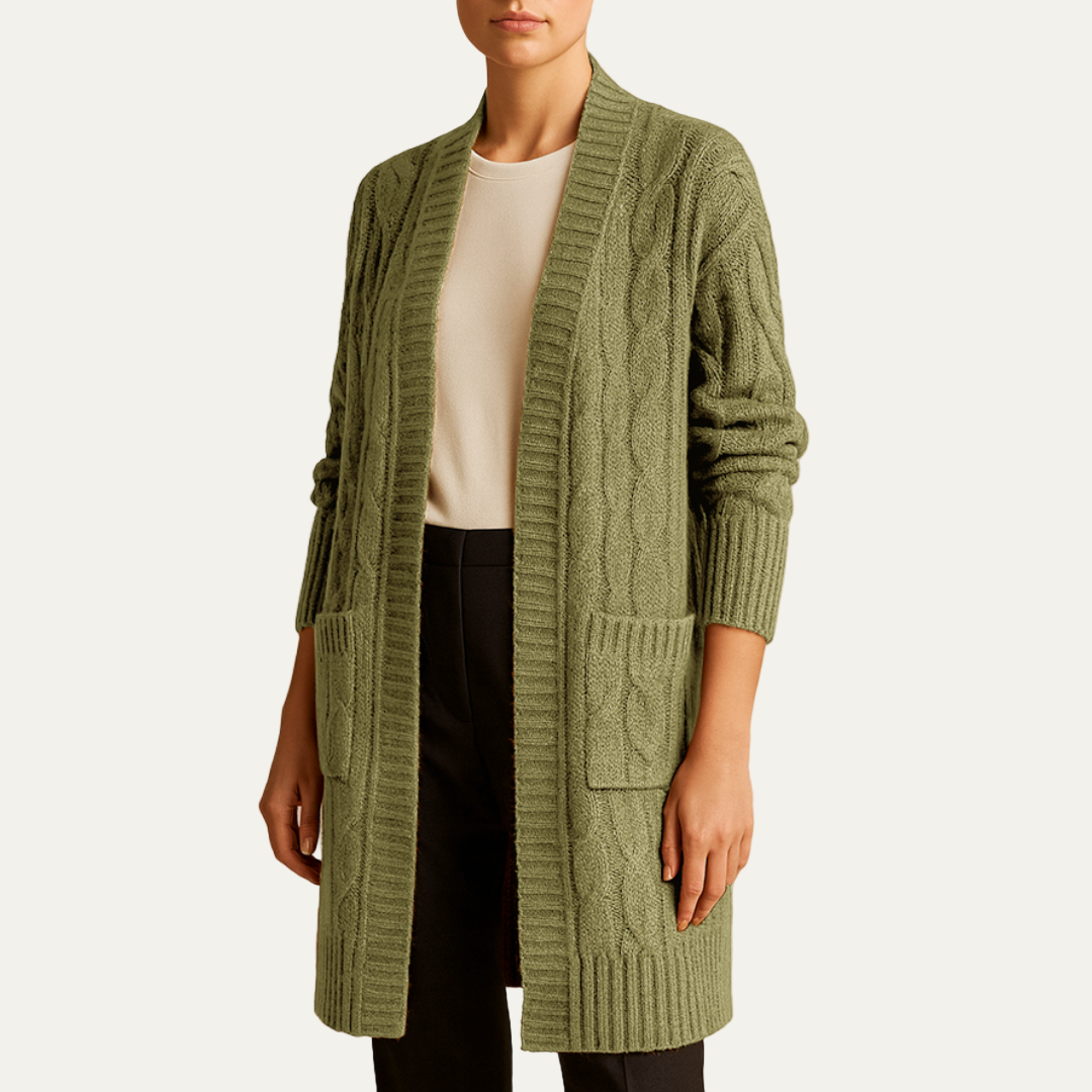 Women’s Cable Knit Long Cardigan – Open Front Design with Pockets 8