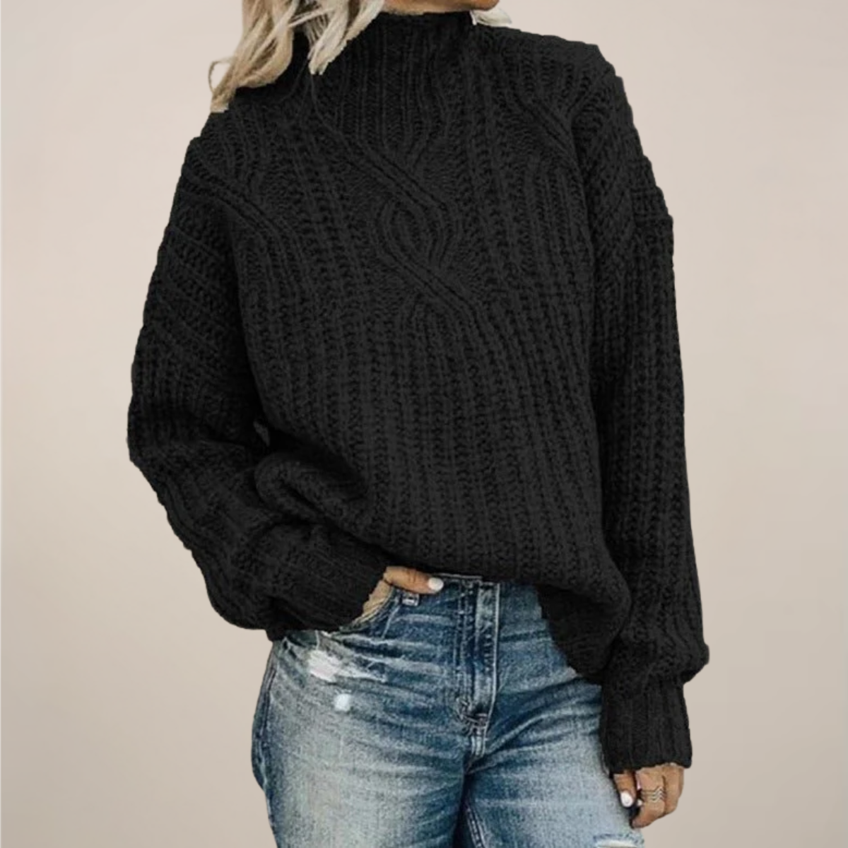 Women’s Cable Knit Sweater – Black, Mock Neck, Relaxed Fit 0