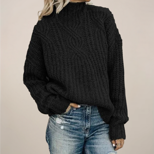 Women’s Cable Knit Sweater – Black, Mock Neck, Relaxed Fit 0