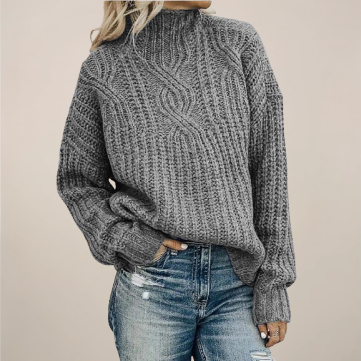 Women’s Cable Knit Sweater – Black, Mock Neck, Relaxed Fit 1
