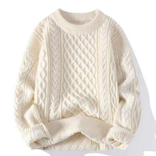 Women’s Cable Knit Sweater – Cream, Chunky Fisherman, Crew Neck 0