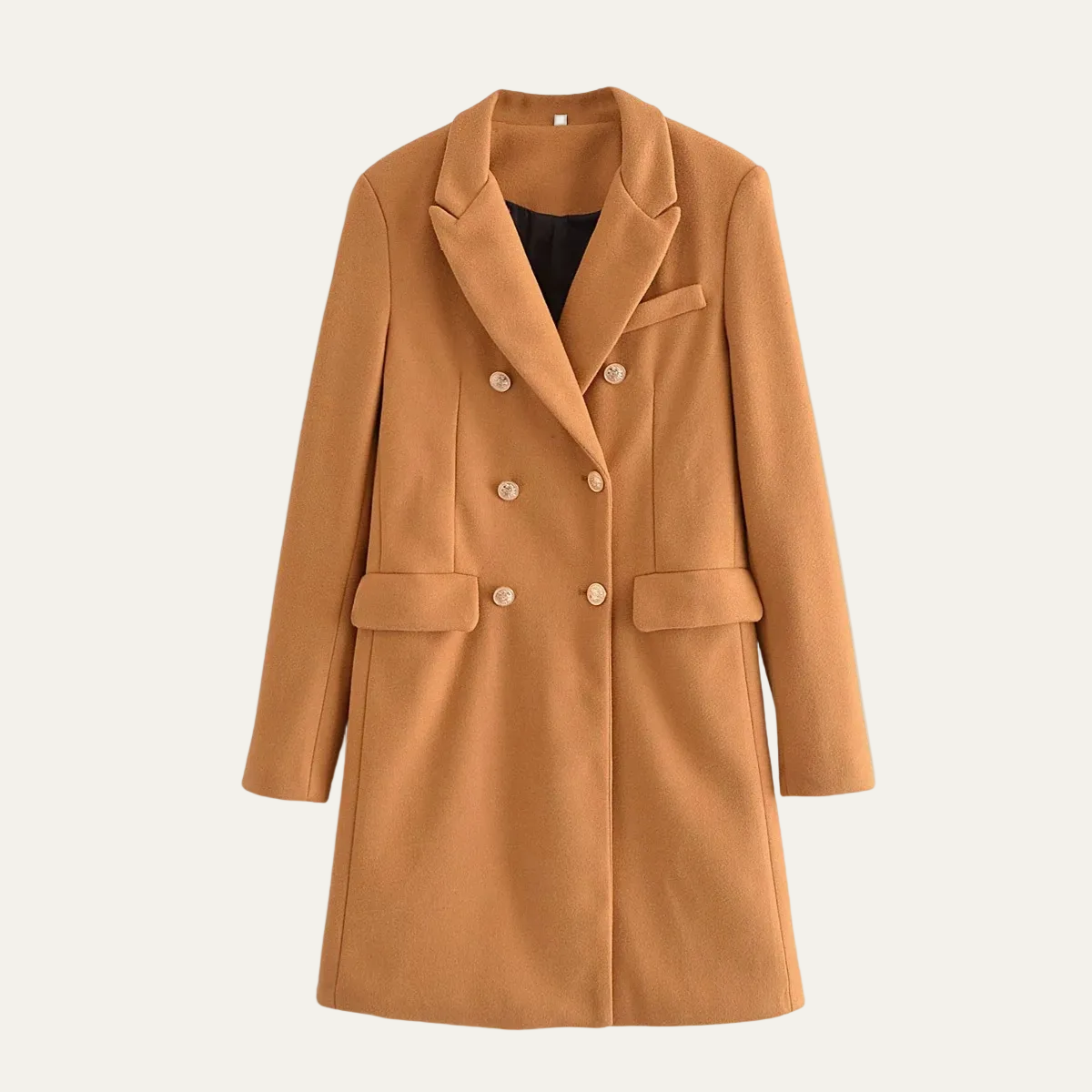 Women’s Camel Structured Peacoat – Double-Breasted with Gold Buttons 0
