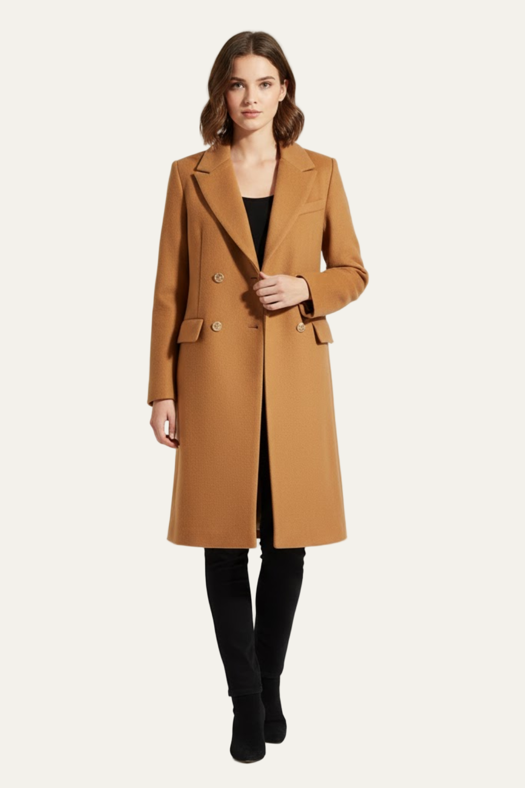 Women’s Camel Structured Peacoat – Double-Breasted with Gold Buttons 1