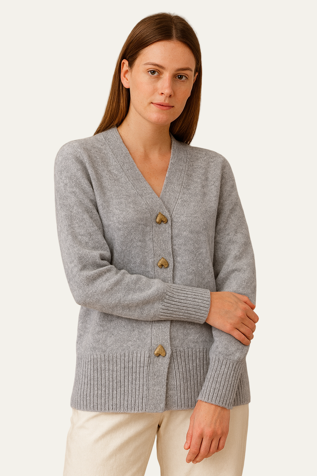 Women’s Cardigan Sweater – Heart Buttons, V-Neck, Long Sleeve 1