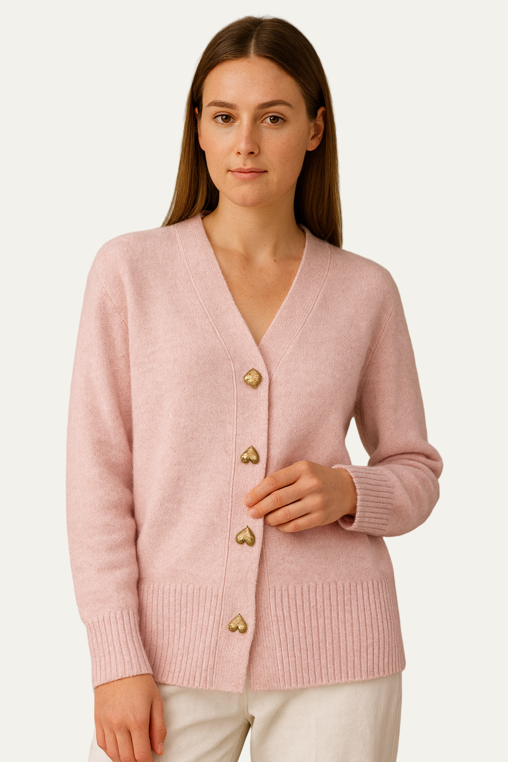 Women’s Cardigan Sweater – Heart Buttons, V-Neck, Long Sleeve 2