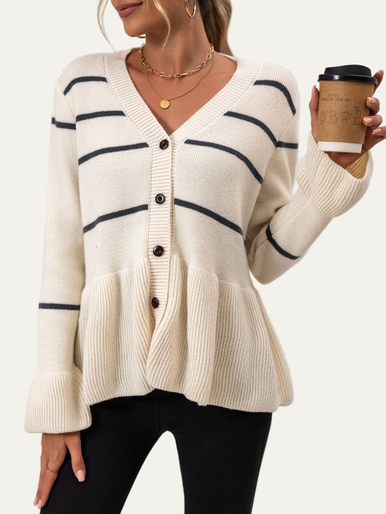Women’s Cardigan – Loose Fit – V-Neck – Button Front – Peplum Hem – Ribbed Trim 0
