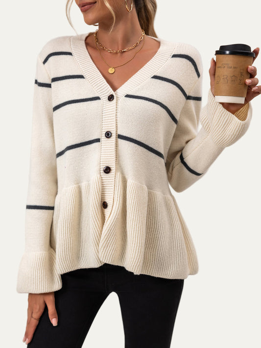 Women’s Cardigan – Loose Fit – V-Neck – Button Front – Peplum Hem – Ribbed Trim 0