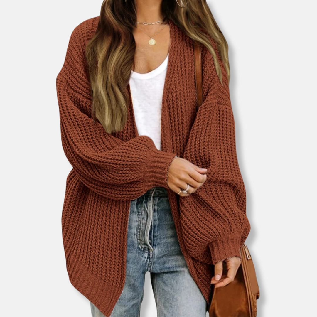 Women’s Cardigan – Oversized Fit – Chunky Knit – Open Front – Lantern Sleeves – Wool Blend 0