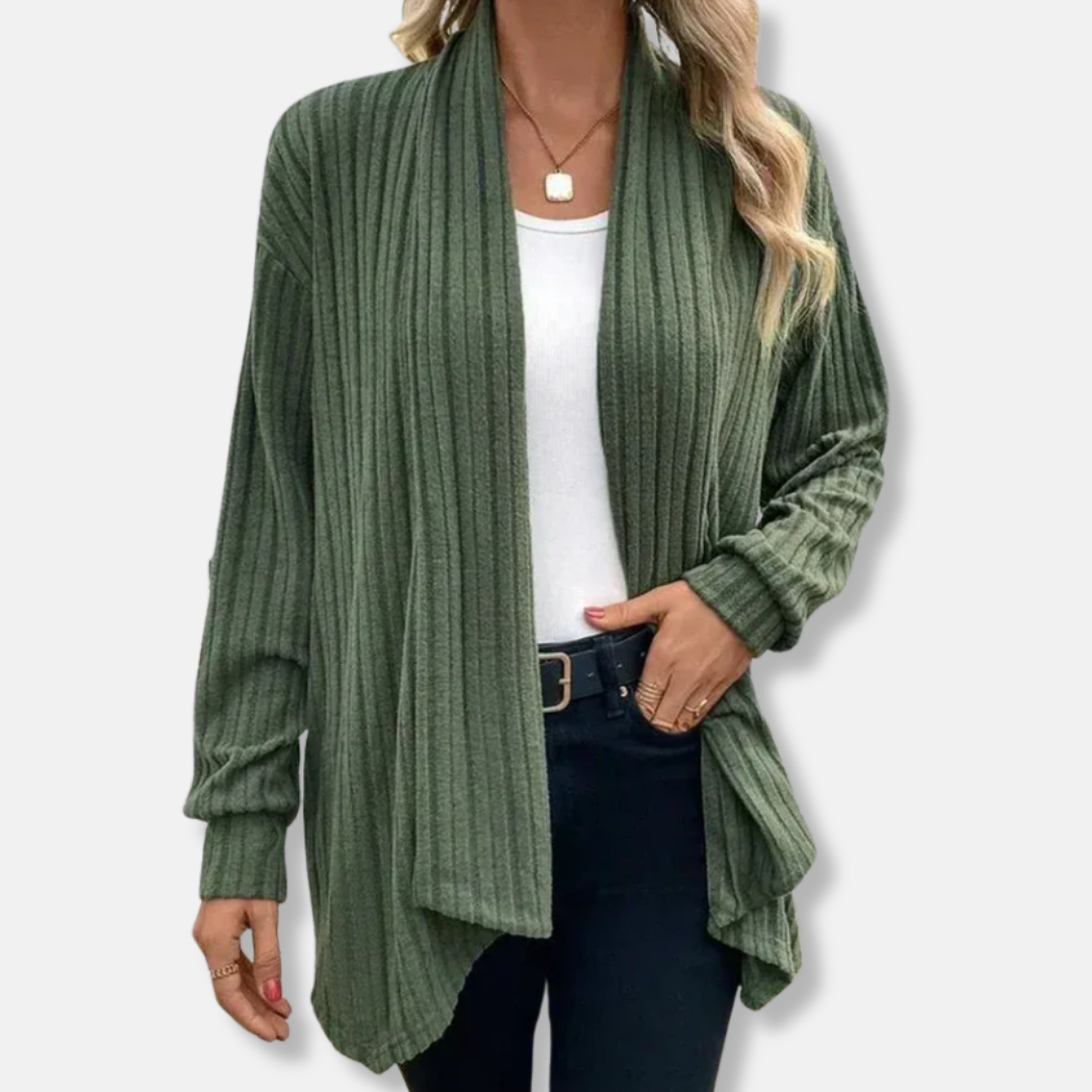 Women’s Cardigan – Ribbed Knit – Relaxed Fit – Draped Open Front – Asymmetrical Hem 0