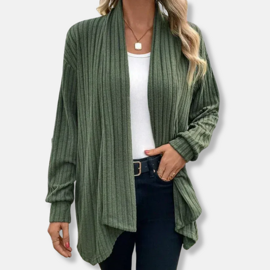 Women’s Cardigan – Ribbed Knit – Relaxed Fit – Draped Open Front – Asymmetrical Hem 0