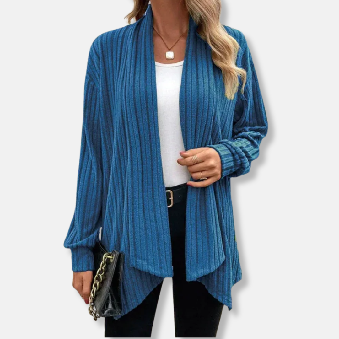 Women’s Cardigan – Ribbed Knit – Relaxed Fit – Draped Open Front – Asymmetrical Hem 1