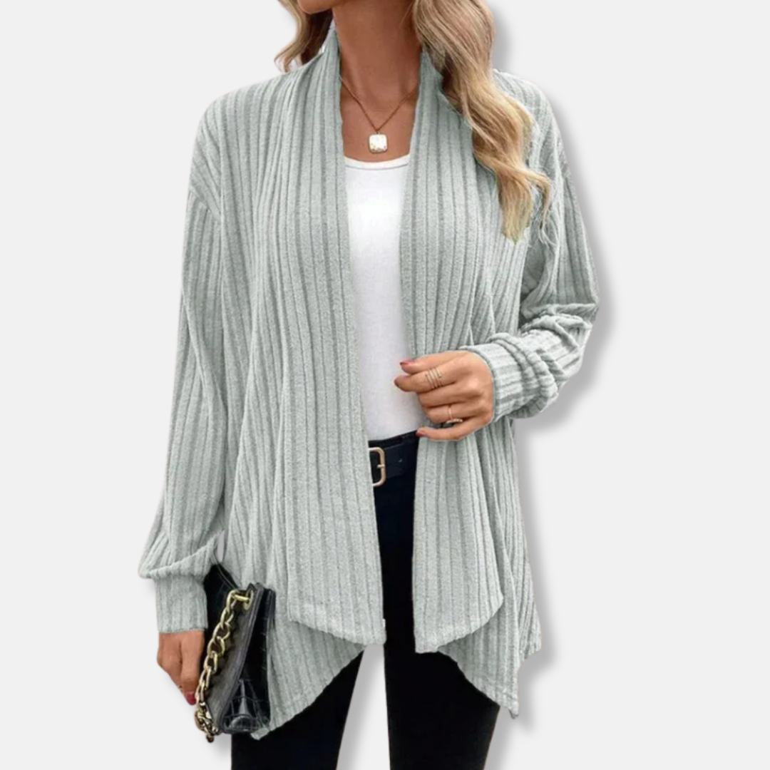 Women’s Cardigan – Ribbed Knit – Relaxed Fit – Draped Open Front – Asymmetrical Hem 2