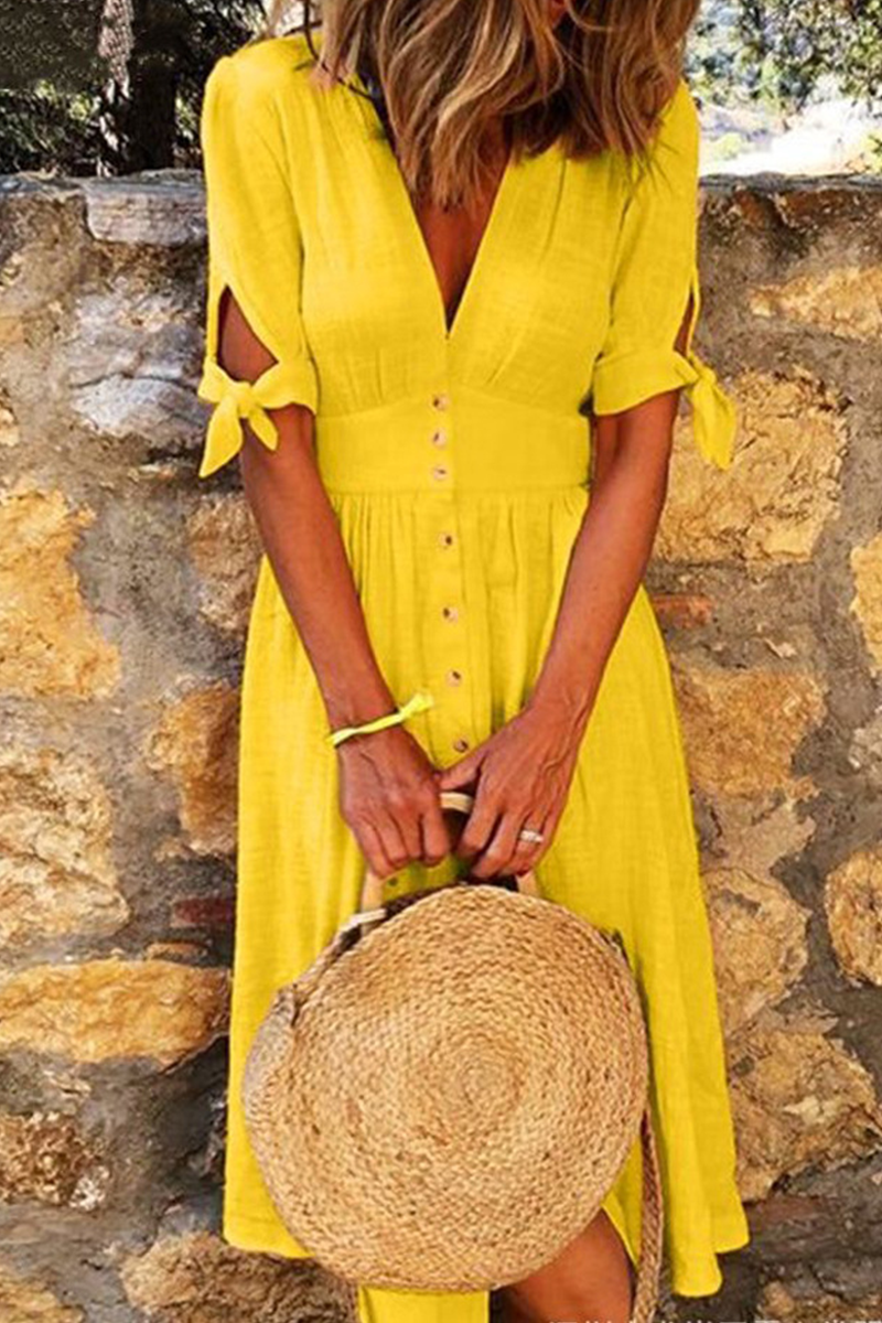 Ladies' Casual V Neck Summer Dress with Tie Sleeves - VogeLuxe