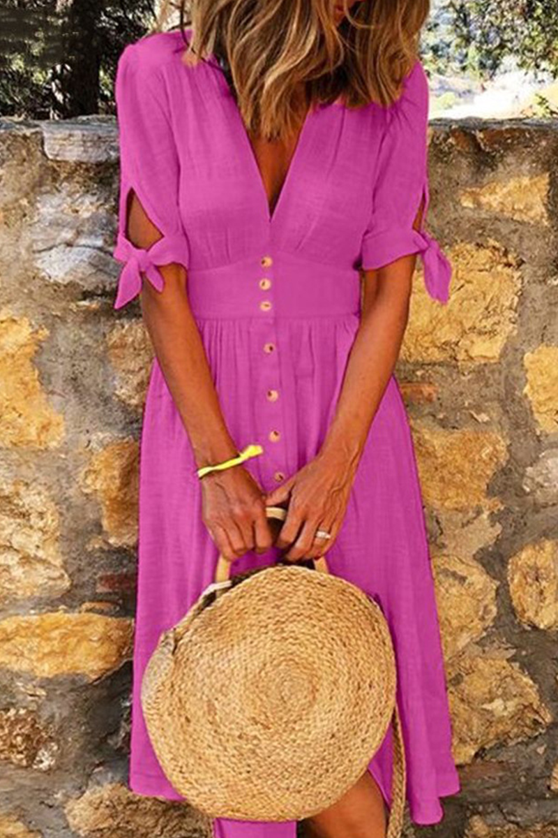Ladies' Casual V Neck Summer Dress with Tie Sleeves