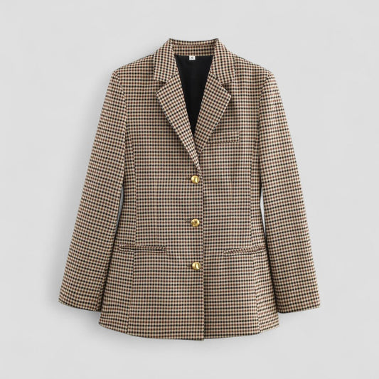 Women's Checkered Vintage Blazer with Gold Button