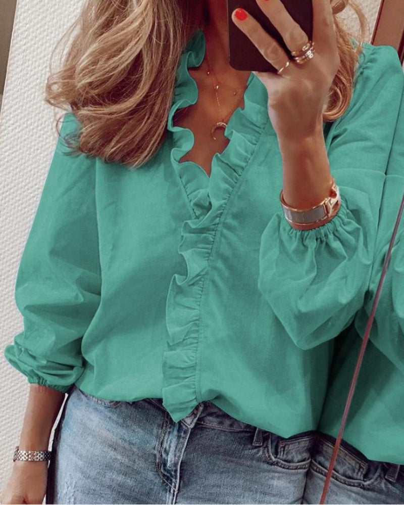 Feminine V Neck Ruffle Women's Blouse