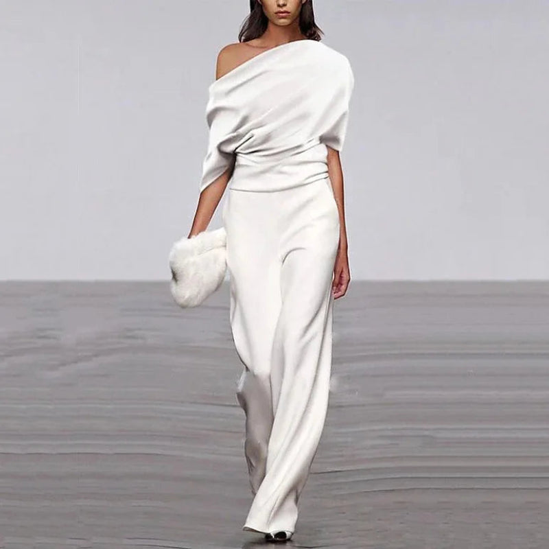 Women's V-Neck Jumpsuit with Ruched Waist Detail - VogeLuxe