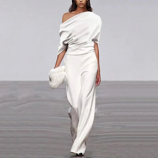Women's V-Neck Jumpsuit with Ruched Waist Detail - VogeLuxe
