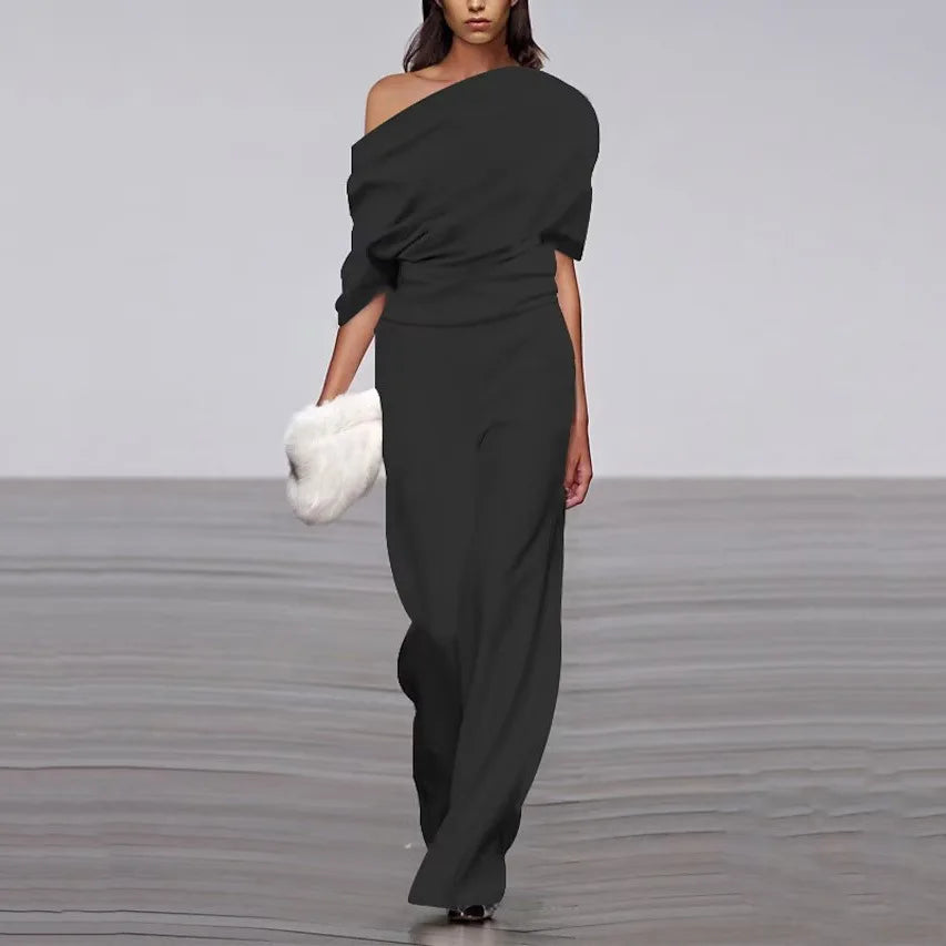 Women's V-Neck Jumpsuit with Ruched Waist Detail
