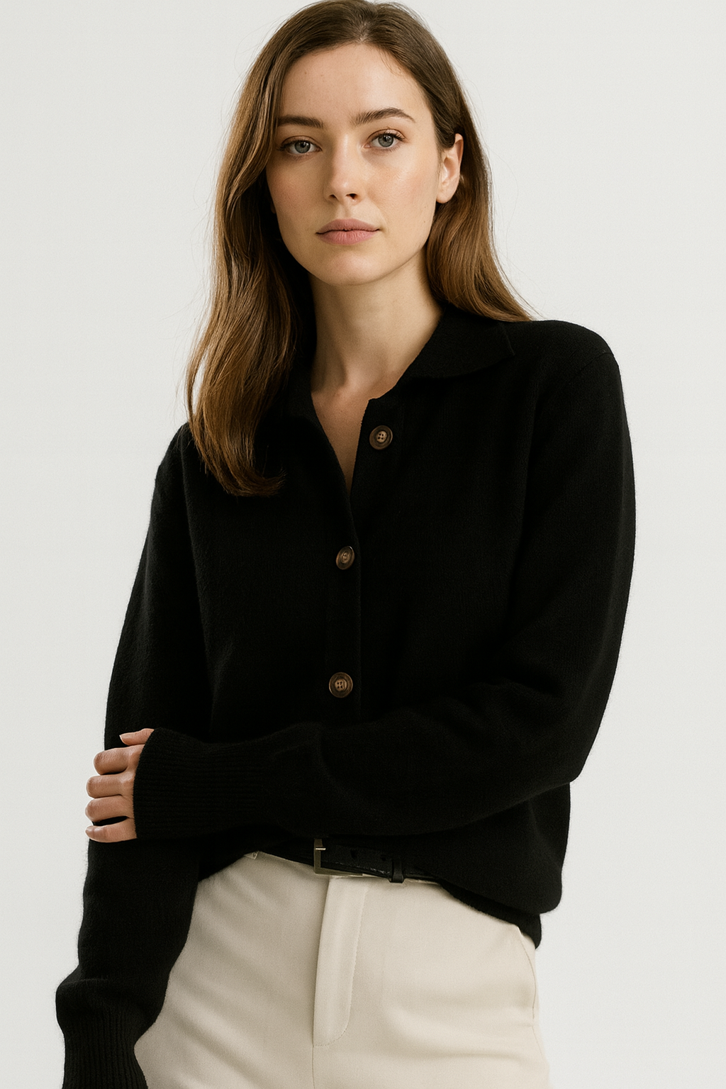 Women’s Cream Cardigan Sweater – Button Front, Soft Collar 1