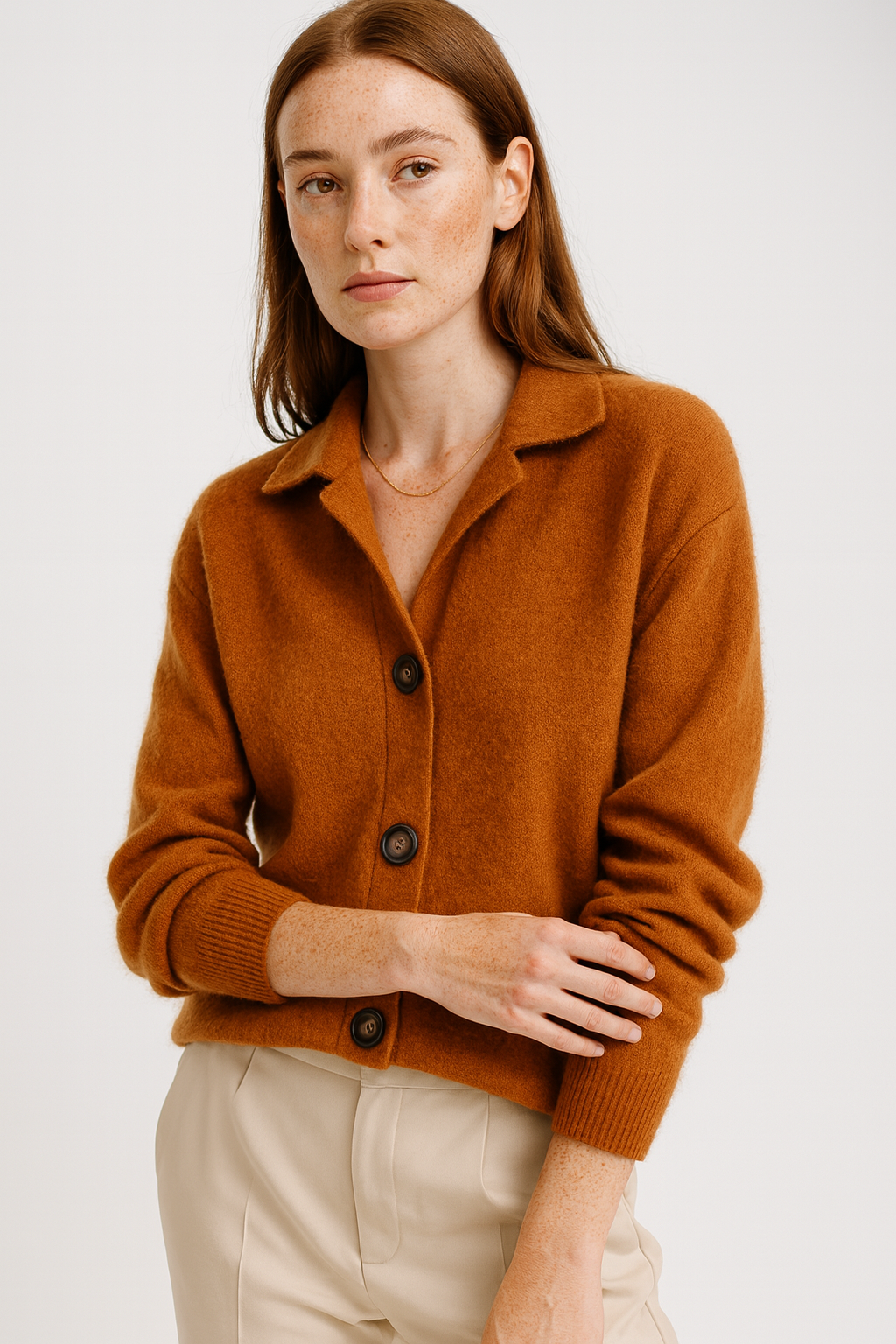 Women’s Cream Cardigan Sweater – Button Front, Soft Collar 3