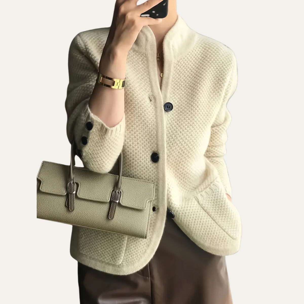 Women’s Cream Cardigan Sweater – Textured Knit, Stand Collar 0