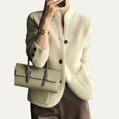 Women’s Cream Cardigan Sweater – Textured Knit, Stand Collar 0