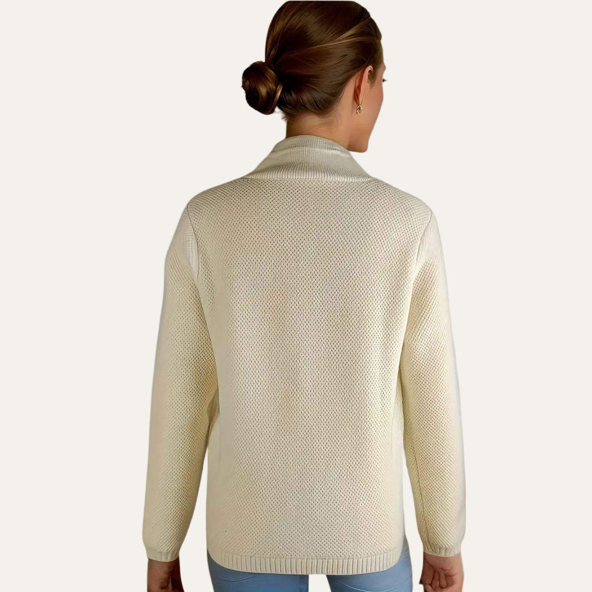 Women’s Cream Cardigan Sweater – Textured Knit, Stand Collar 1