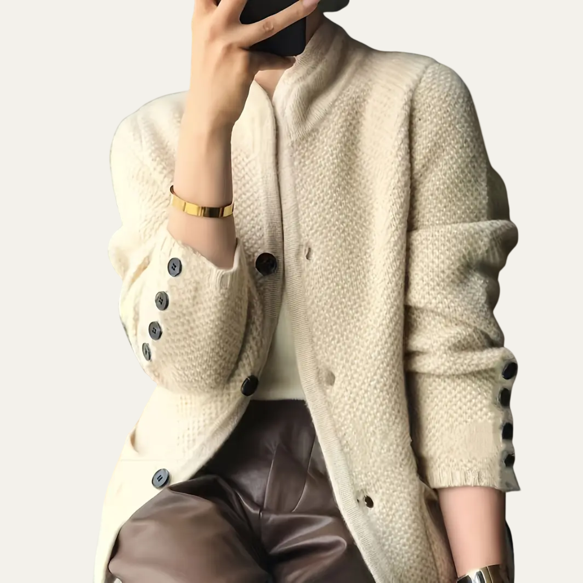 Women’s Cream Cardigan Sweater – Textured Knit, Stand Collar 2