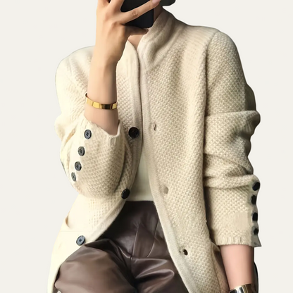 Women’s Cream Cardigan Sweater – Textured Knit, Stand Collar 2