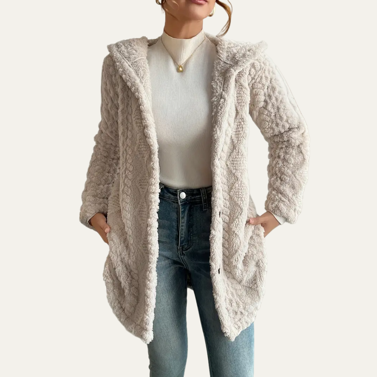 Women’s Cream Hooded Jacquard Plush Coat – Warm All-Season Cardigan Jacket 0