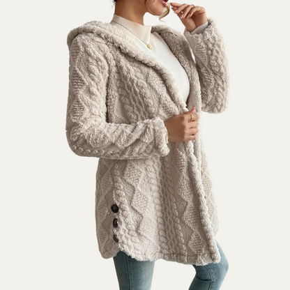 Women’s Cream Hooded Jacquard Plush Coat – Warm All-Season Cardigan Jacket 1