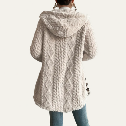 Women’s Cream Hooded Jacquard Plush Coat – Warm All-Season Cardigan Jacket 2