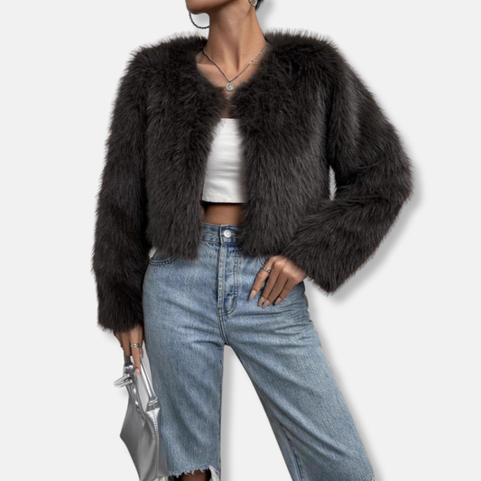 Women’s Cropped Fur Coat – Faux Fur – Relaxed Fit – Open Front – Long Sleeve – Collarless 0