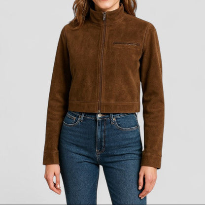 Women’s Cropped Suede-Style Jacket with Zip Detail 1