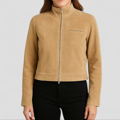 Women’s Cropped Suede-Style Jacket with Zip Detail 4