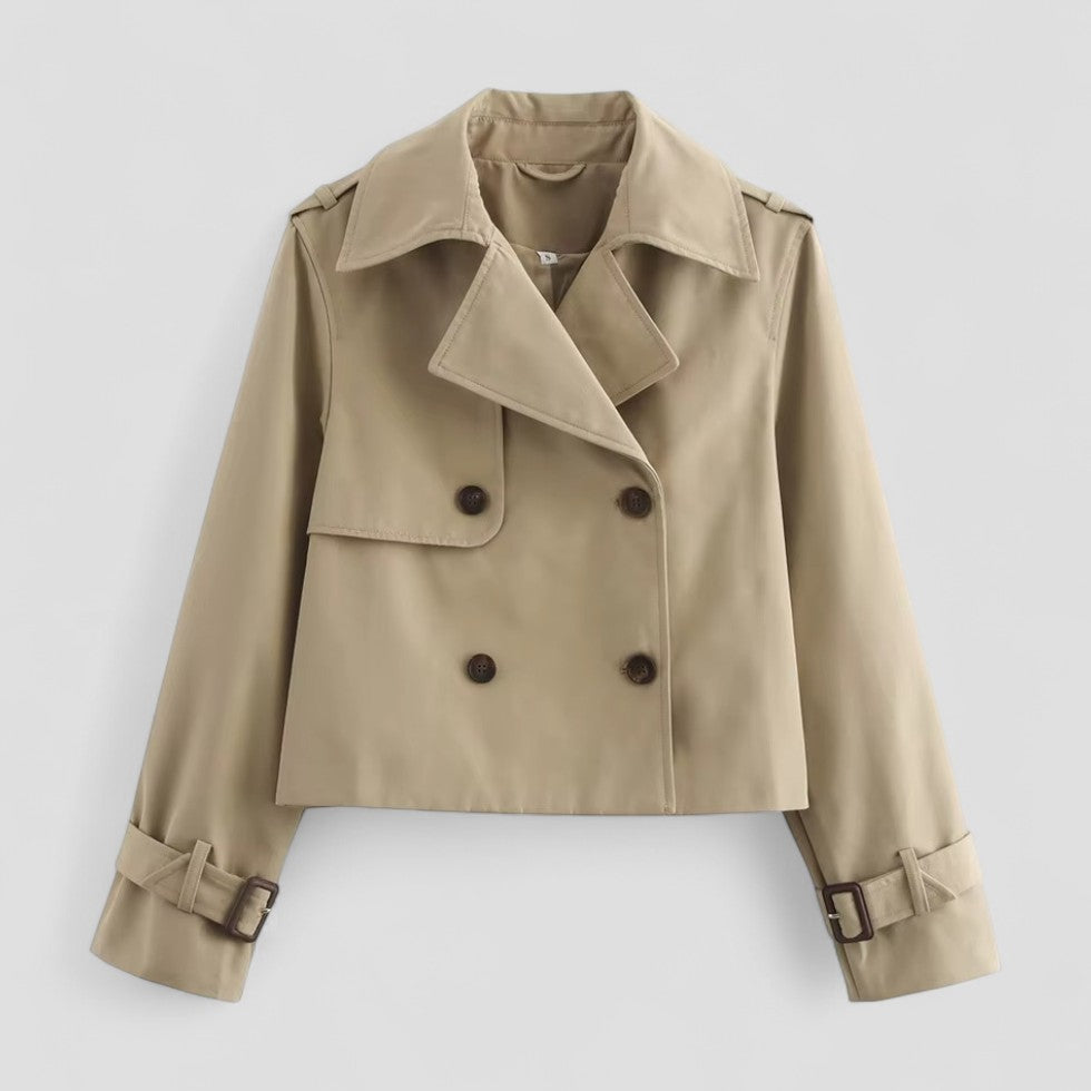 Women’s Cropped Trench Coat Double Breasted Long Sleeve Jacket