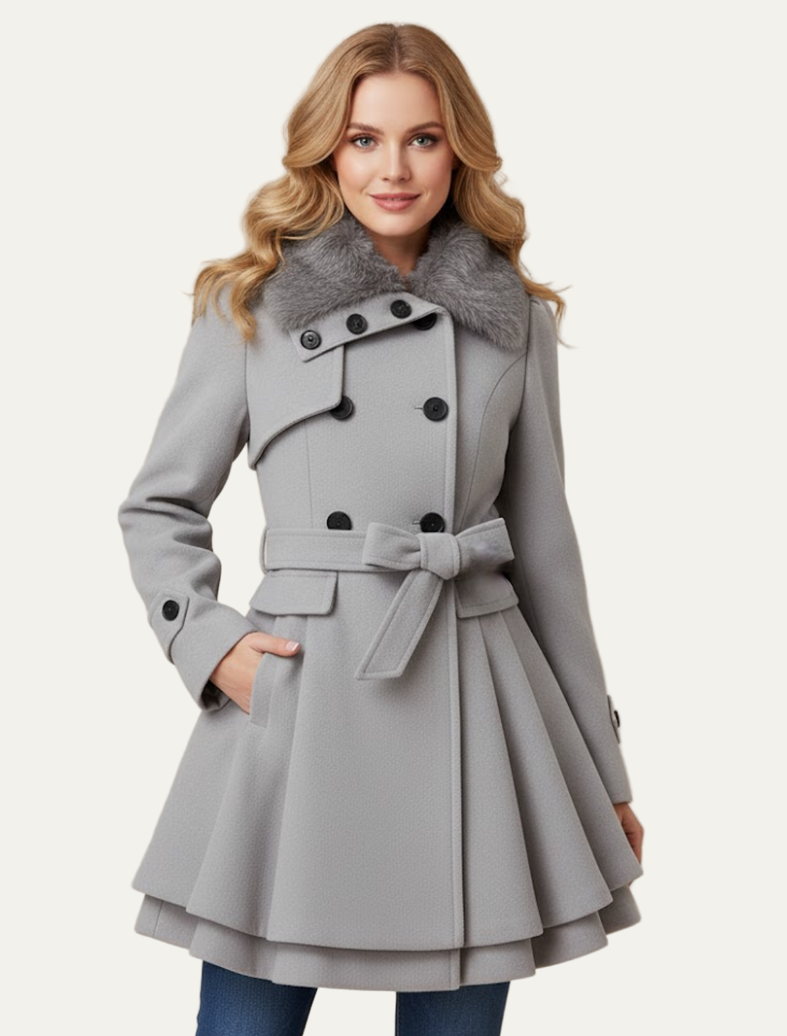 Women’s Double-Breasted Belted Coat – Flared Silhouette with Faux Fur Collar 1