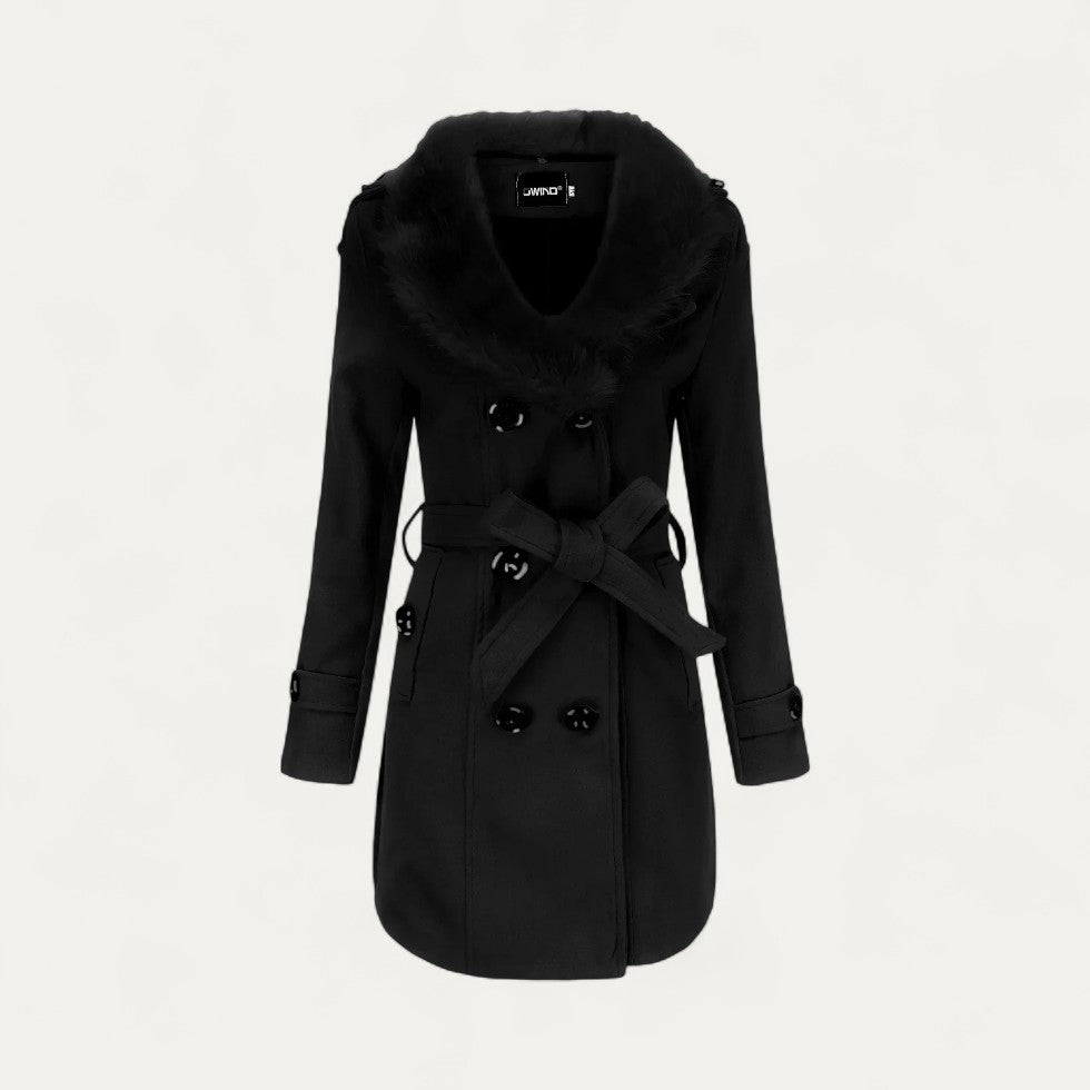 Women’s Double-Breasted Belted Trench Coat with Faux Fur Collar 0