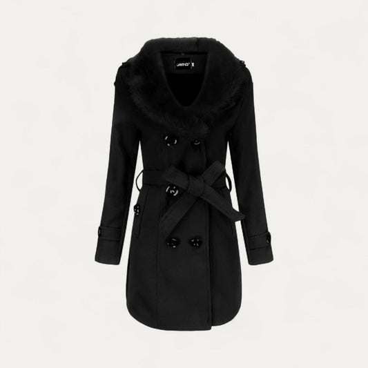 Women’s Double-Breasted Belted Trench Coat with Faux Fur Collar 0
