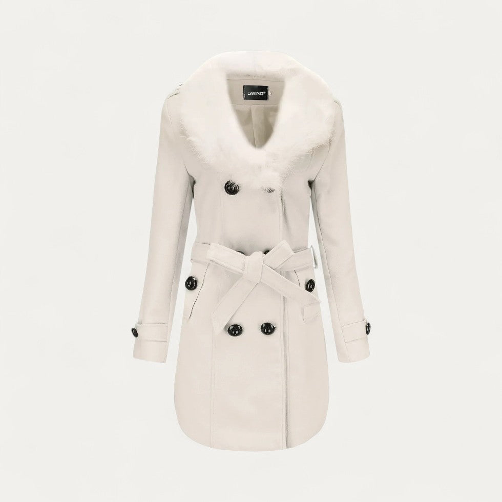 Women’s Double-Breasted Belted Trench Coat with Faux Fur Collar 1